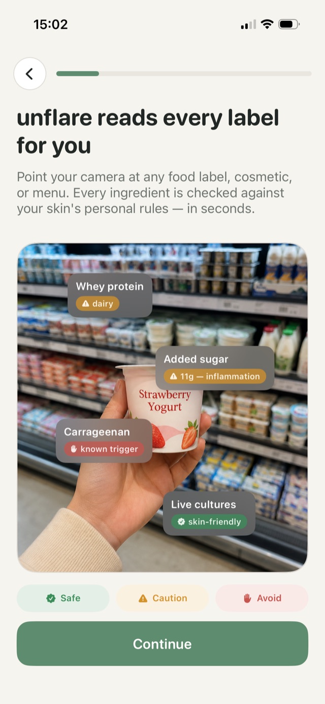 unflare scanning a strawberry yogurt, flagging whey protein as dairy and carrageenan as a known trigger