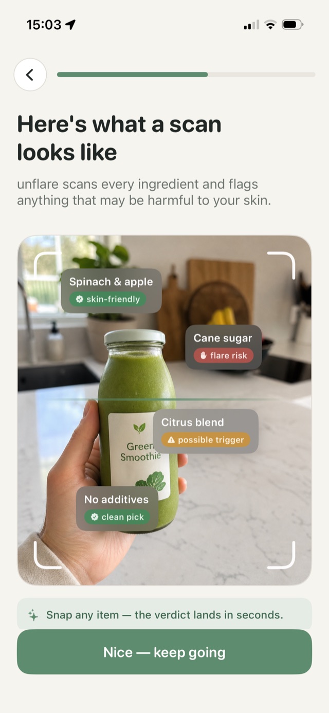 unflare scanning a green smoothie, flagging cane sugar as a flare risk and citrus blend as a possible trigger