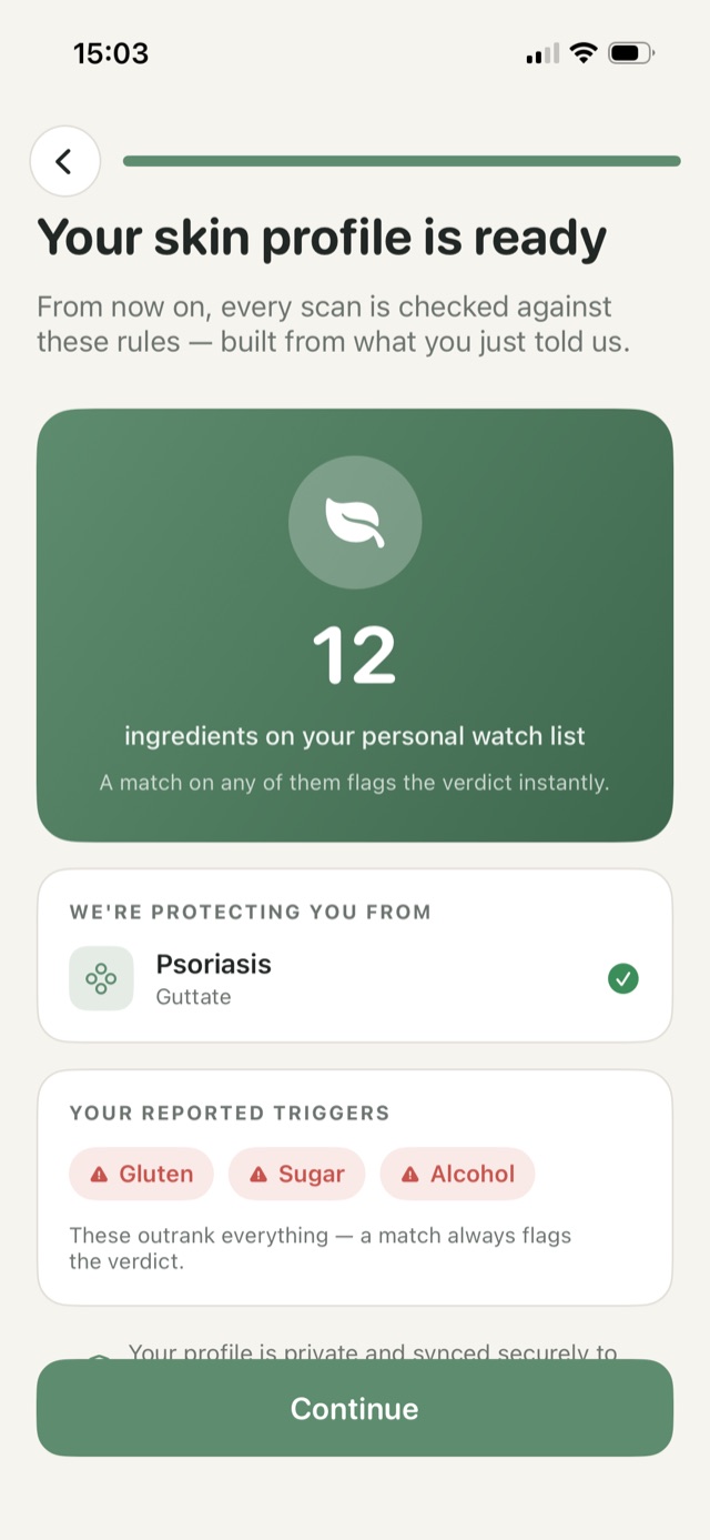A finished unflare skin profile with a personal ingredient watch list